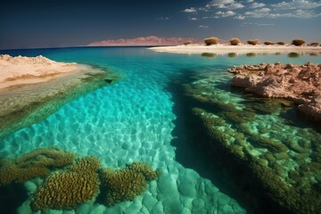 The Red Sea's clear water and a deserted shore. Generative AI