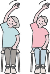 座ってラジオ体操をするシニアイラスト素材