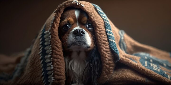 DOG COVERED WITH A WARM TASSEL BLANKET WHO IS SICK OR TERRIFIED. Generative AI