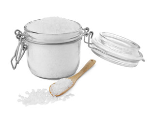 Glass jar and wooden spoon of natural sea salt isolated on white