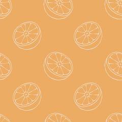 Hand drawn orange seamless pattern cut fruit pieces line drawing on orange color background