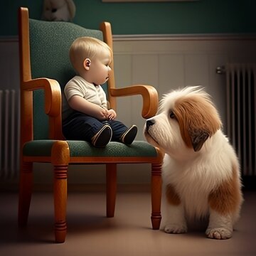 A baby boy in chair  talking to cute dog 