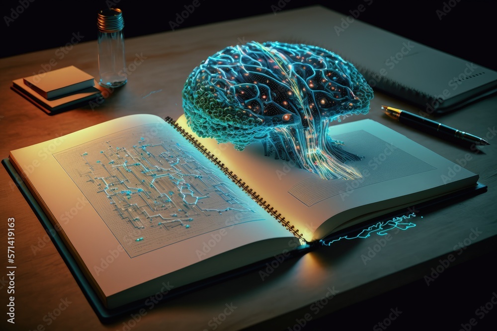 Poster the amount of tables in the manuscript and a laptop with artificial intelligence. artificial intelli