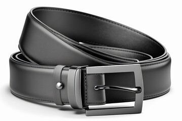 Men's trendy leather belt that is fastened and with a dark matted metal buckle is seen isolated on a white backdrop. Male black belt. belt made of black leather for jeans and pants. accessories for me