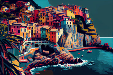 Colorful illustration inspired in cinque terre, Italy, generative AI