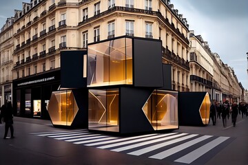 Original concept glass cubic store in Paris, with a modern ancient contrast, generative AI