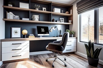 Modern cozy home office with ergonomic desk and natural light, generative AI