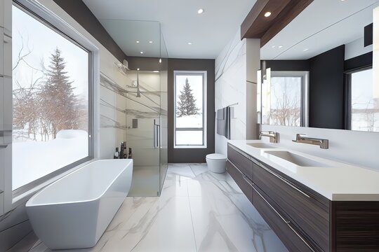 Magnificent modern bathroom with bath and shower in wood and marble, generative AI