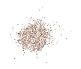 Pile of lettuce seeds on white background, top view