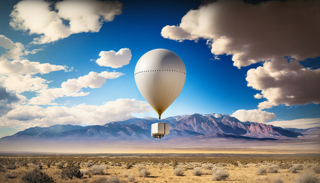 A view of a fictional spy or weather balloon floating low over the American landscape.