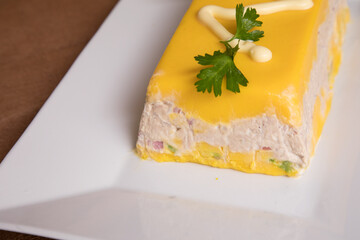 Causa de atun Sea food ceviche Assorted food plates Peru traditional comfort food buffet table
