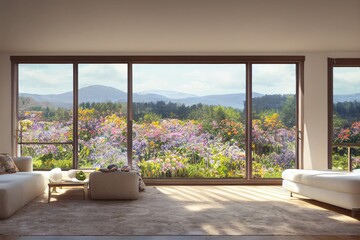 Fototapeta na wymiar Sustainable Clean Living Interior with Wildflower Garden and Blue Ridge Mountain Views in Spring Made with Generative AI