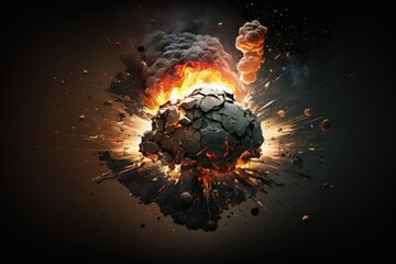 Realistic explosion with fire against a dark background. Generative AI - obrazy, fototapety, plakaty