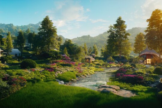 Nature Relaxing Lush Landscape with Cottage Homes Sustainable Clean Living Made with Generative AI