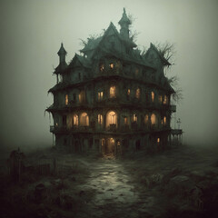 Fototapeta premium A theatrical village with a landscape of fog and darkness, in a horror style - generative AI