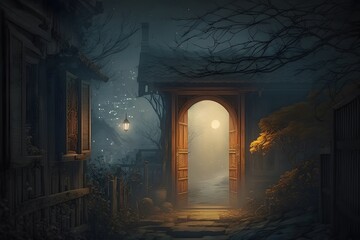 fog in the moon night with a wooden door on the street created using AI Generative Technology