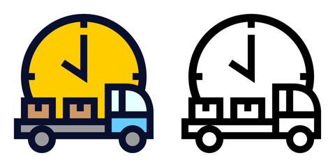 Delivery Truck with Clock. Color and Line Icons	