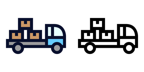 Delivery Pickup Truck With Boxes. Color and Line Icons	