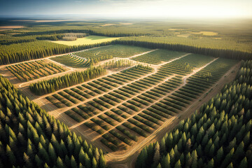 Aerial view of a young forest with rows of recently planted trees, generative ai