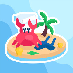 Uncomfortable Crabs With Dirty Beaches Cleaning Beach Sticker Set Concept