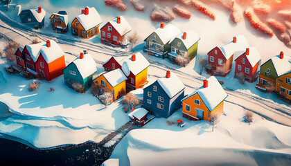 Fototapeta premium Aerial view of colorful Scandinavian homes covered with snow, AI Generated image.