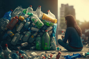 collection of plastic bottles and cans piled up, waiting to be recycled, with a person and a recycling bin in the background, generative ai