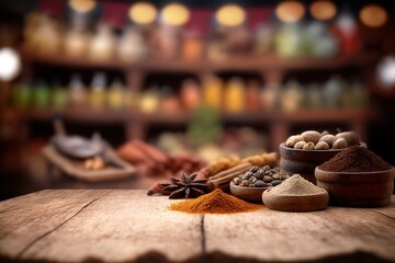 Close up to spices in spice market as background. Banner with copy space for advertising. Generative AI illustration