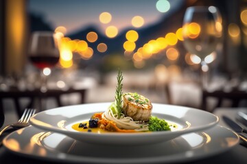 Close up to delicious gourmet dish with bokeh lights of elegant restaurant as background. Generative AI illustration - obrazy, fototapety, plakaty