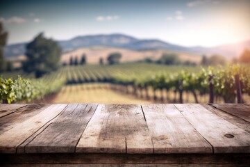 Obraz na płótnie Canvas Wooden table in vineyard during daylight. Focus on foreground. Perfect with copy space, advertisement. Generative AI illustration