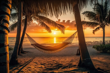 golden sunset over a beach with palm trees and a hammock in the foreground, generative ai