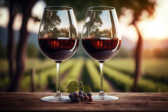 Glasses of red wine over wooden table with vineyard as background. Generative AI illustration