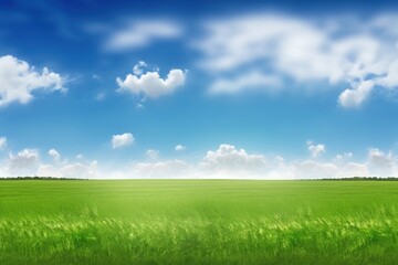 Summer landscape field with green grass against a blue sky with clouds. Generative AI