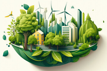 Illustration of a green city with renewable energy sources and green spaces, generative ai