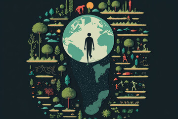 Illustration of human figure surrounded by carbon footprints of various sizes, generative ai