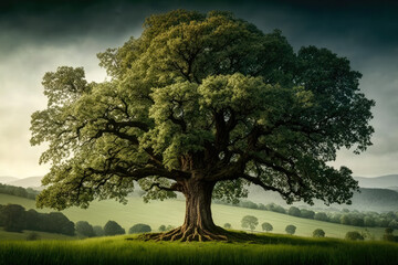 majestic oak tree standing alone in a green meadow, symbolizing the importance of preserving natural habitats, generative ai - obrazy, fototapety, plakaty