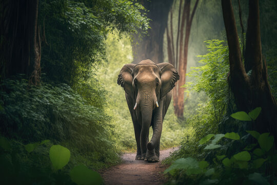 majestic elephant walking in a lush green forest, representing the beauty and importance of wildlife preservation., generative ai