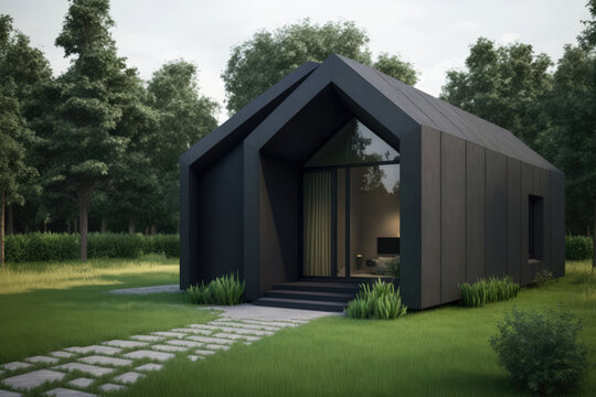 Minimalistic house with a carbon footprint in place of the front door, generative ai