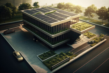 solar-powered office building with rooftop garden and electric car charging stations, generative ai