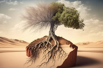 tree and its roots being uprooted due to soil erosion caused by deforestation, emphasizing the adverse effects of climate change on land degradation, generative ai