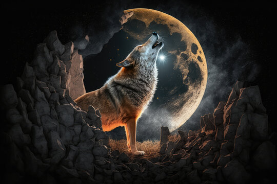 wolf howling at the moon, with a ring of stones around it, signifying the importance of respecting and protecting the natural order of things, generative ai