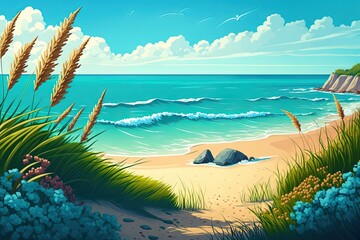 summer background with a beach and the sea. Generative AI