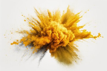 Explosion of yellow powder isolated on a white background. Generative AI