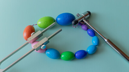 Orchidometer, neurological hammer and tuning fork lie on a blue background, medical instruments on a turquoise background, medical equipment horizontally