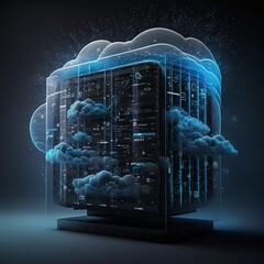 Storage of information on a cloud server. Cloud computing technology concept. Futuristic illustration. Generative art.
