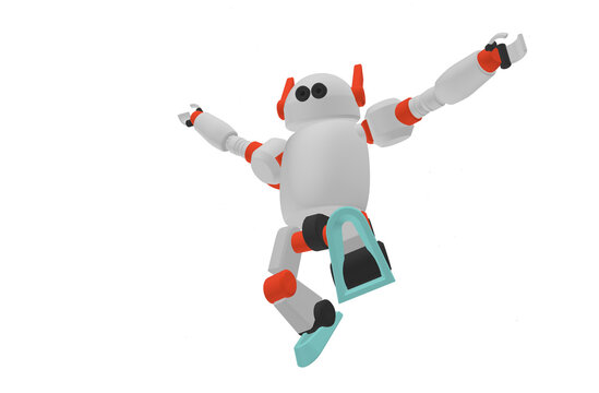 Cute robot with hand up and jumping in the air white background. Technology concept. 3d rendering