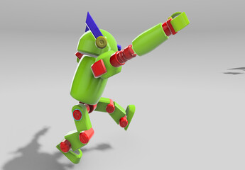 Cute robot with hand up,foot up and jumping in the air white background. Technology concept. 3d rendering