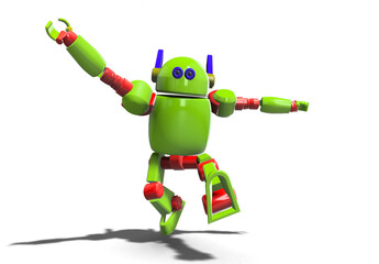 Cute robot with hand up,foot up and jumping in the air white background. Technology concept. 3d rendering
