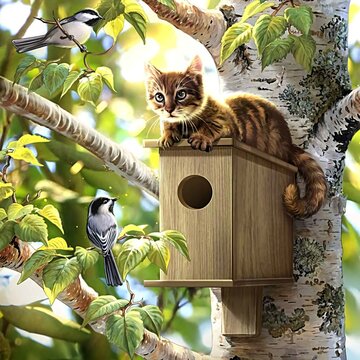 bird house on tree with a kitten 