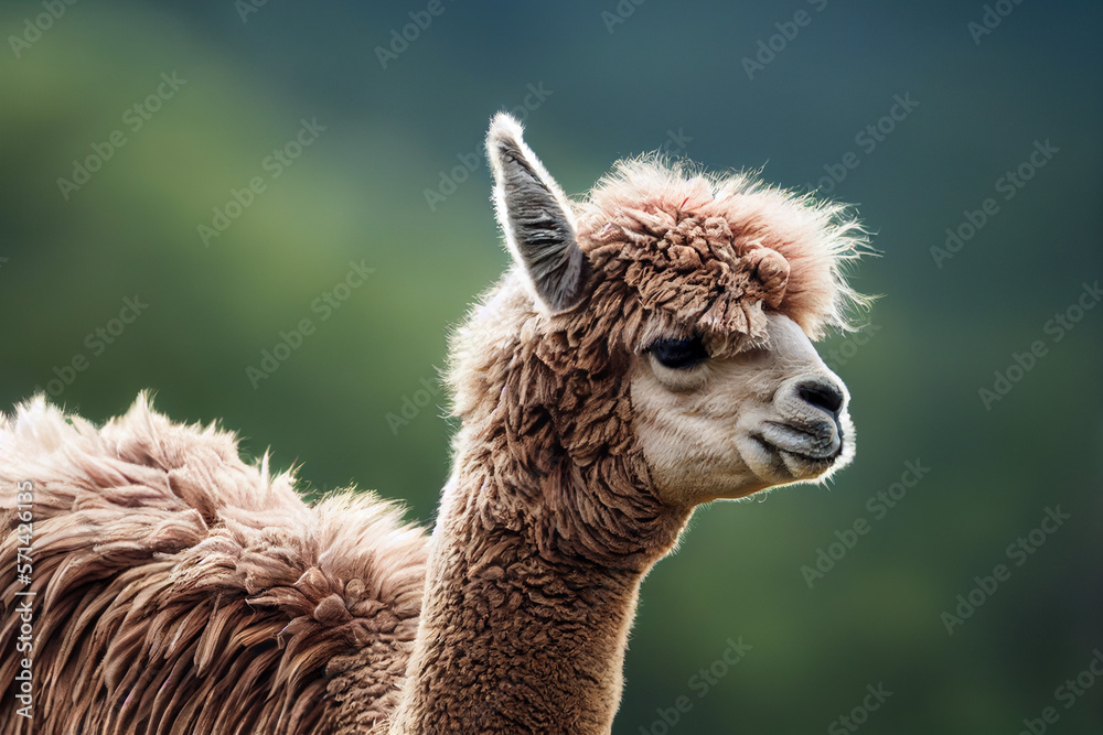 Wall mural alpaca stands on a green meadow among green nature, generative ai