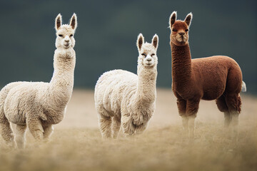 Fototapeta premium three alpacas are standing on a green meadow among green nature, generative AI